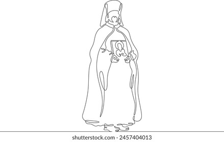 Orthodox priest. Christian minister of worship. Male priest in full length in religious vestments.Religion. One continuous line . Line art. Minimal single line.White background. One line drawing. 