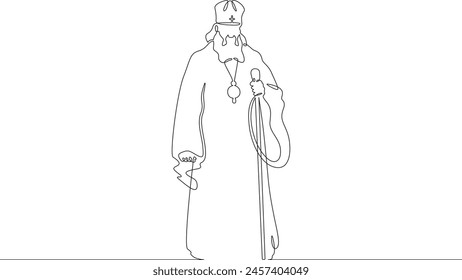 Orthodox priest. Christian minister of worship. Male priest in full length in religious vestments.Religion. One continuous line . Line art. Minimal single line.White background. One line drawing. 