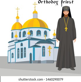 orthodox priest with church, flat illustration