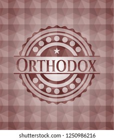 Orthodox red seamless emblem or badge with abstract geometric polygonal pattern background.