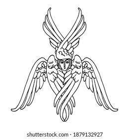 orthodox six-winged seraph, heaven messenger, for christmas and easter cards, posters, vector illustration with black ink contour lines isolated on a white background in hand drawn style