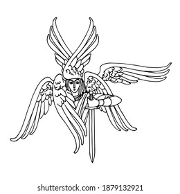 orthodox six-winged seraph with a sword, heaven messenger, for christmas and easter cards, posters, vector illustration with black ink contour lines isolated on a white background in hand drawn style