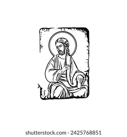 Orthodox vintage image of Jesus. Christian illustration black and white in Byzantine style 