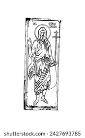 Orthodox vintage image of John the Baptist. Christian illustration black and white in Byzantine style 