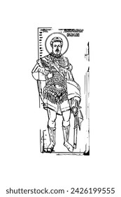 Orthodox vintage image of Saint Alexander Nevsky (name english). Christian illustration black and white in Byzantine style 