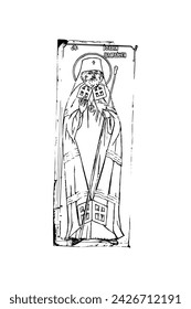 Orthodox vintage image of Saint John of Shanghai (name english). Christian illustration black and white in Byzantine style 