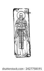 Orthodox vintage image of  Saint John of Kronstadt (name english). Christian illustration black and white in Byzantine style 