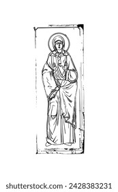 Orthodox vintage image of Saint Matrona Nikonova (name english). Christian illustration black and white in Byzantine style