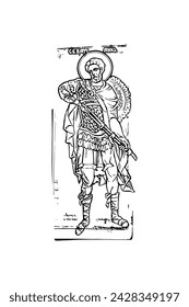 Orthodox vintage image of Saint Saint Menas of Egypt (name english). Christian illustration black and white in Byzantine style