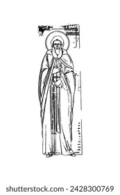 Orthodox vintage image of Sergius of Radonezh (name english). Christian illustration black and white in Byzantine style