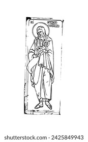 Orthodox vintage image of Simeon the God-receiver. Christian illustration black and white in Byzantine style 