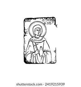 Orthodox vintage stamp of Saint Anastasia Serbian. Christian illustration black and white in Byzantine style 
