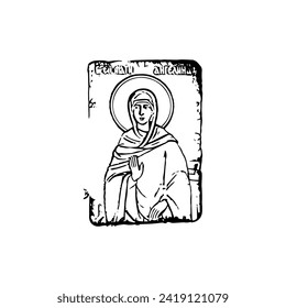 Orthodox vintage stamp of Saint Angelina. Christian illustration black and white in Byzantine style 