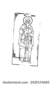 Orthodox vintage stamp of Saint Cyril (name english). Christian illustration black and white in Byzantine style 