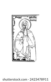 Orthodox vintage stamp of  Saint Joanikije of Devich (name english). Christian illustration black and white in Byzantine style 
