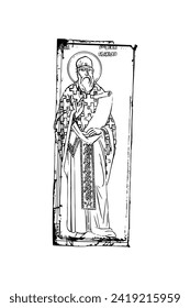 Orthodox vintage stamp of Saint Justin I. Christian illustration black and white in Byzantine style 