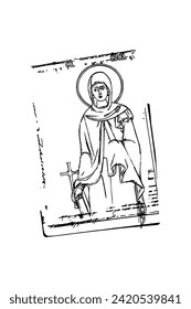 Orthodoxe Vintage-Stempel der heiligen Nonna von Nazianzus (Name Englisch). Christian Illustration schwarz-weiß im byzantinischen Stil 