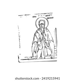 Orthodox vintage stamp of Saint Peter of Korisha (name). Christian illustration black and white in Byzantine style 