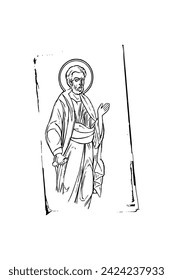 Orthodox vintage stamp of Saint Peter (name english). Christian illustration black and white in Byzantine style 