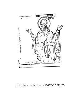 Orthodox vintage stamp of  Saint Sisoes the Great (name english). Christian illustration black and white in Byzantine style 