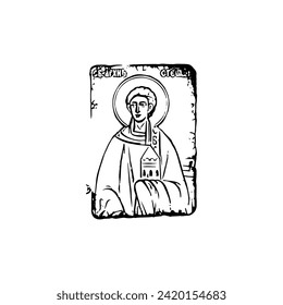 Orthodox vintage stamp of Saint Stephen (name english). Christian illustration black and white in Byzantine style 