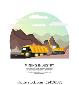 Orthogonal arched composition with mining technics excavator truck in open pit scenery with editable bottom text vector illustration