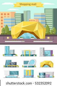 Orthogonal concept with shopping mall and environment design and set of buildings icons isolated vector illustration