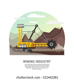 Orthogonal conceptual composition with quarrying machine in open pit landscape with sky mountains and editable text vector illustration