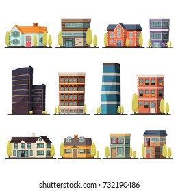 Orthogonal decorative icons set of living buildings including urban towers and village cottages isolated flat vector illustration