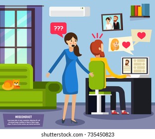 Orthogonal flat composition with unhappy wife and husband talking with girl friend by computer vector illustration  