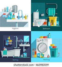Orthogonal hygiene icons 2x2 flat concept set of hygiene bathroom washing and bathing design compositions vector illustration
