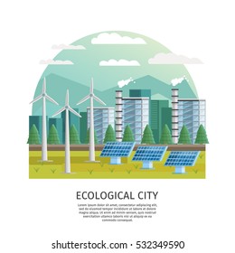 Orthogonal icon ecological city arched composition with turbine towers. solar batteries, house silhouettes and editable text vector illustration