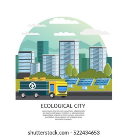 Orthogonal icon ecology conceptual composition with arched smart city urban landscape houses truck and solar batteries vector illustration