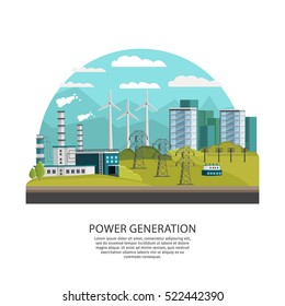 Orthogonal Icon Power Generation Conceptual Composition With Arched City View With Hills And Alternative Energy Sources Vector Illustration