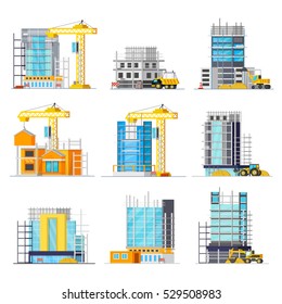 Orthogonal icons set with construction of buildings from glass and concrete scaffolding and machineries isolated vector illustration   