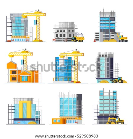 Orthogonal icons set with construction of buildings from glass and concrete scaffolding and machineries isolated vector illustration   