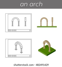 Orthogonal and isometric projections of an arch, vector illustration.