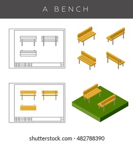 Orthogonal and isometric projections of a bench, vector illustration.