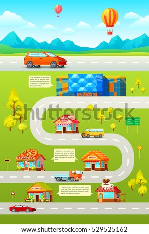 Orthogonal map poster with suburban road landscape orthogonal cars roadhouse stores and restaurants with text captions vector illustration