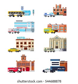 Orthogonal set of city services and buildings including transportation post office police and hospital isolated vector illustration 