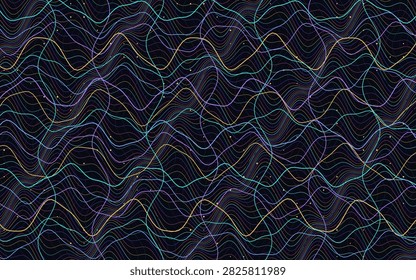 Orthogonal sine waves intersect into a cyan violet interference grid for audio technology, signal processing, communications, data science, and digital backgrounds.