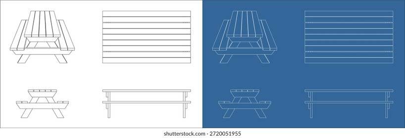 Mesa de picnic ortográfica Plan técnico con vistas frontales y laterales superiores