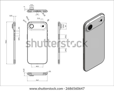Orthographic projection engineering drawings of the innovative iPhone Air detail its advanced components