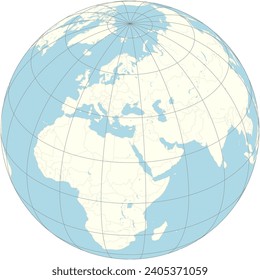 The orthographic projection of the world map with Akrotiri at its center. a British Overseas Territory on the island of Cyprus