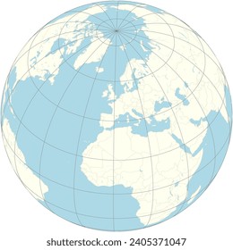 The orthographic projection of the world map with Andorra at its center. a tiny, independent principality situated between France and Spain in the Pyrenees mountains