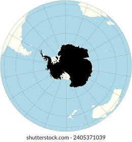 The orthographic projection of the world map with Antarctica at its center. Earth's southernmost continent, containing the geographic South Pole