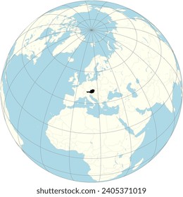 The orthographic projection of the world map with Austria at its center. a landlocked East Alpine country in the southern part of Central Europe