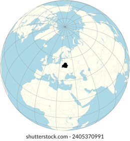 The orthographic projection of the world map with Belarus at its center. a landlocked country in Eastern Europe
