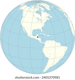 The orthographic projection of the world map with Belize at its center. a country on the eastern coast of Central America, with Caribbean Sea shorelines to the east