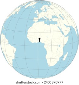 The orthographic projection of the world map with Benin at its center. a country in West Africa, bordered by Togo to the west, Nigeria to the east, and Burkina Faso and Niger to the north